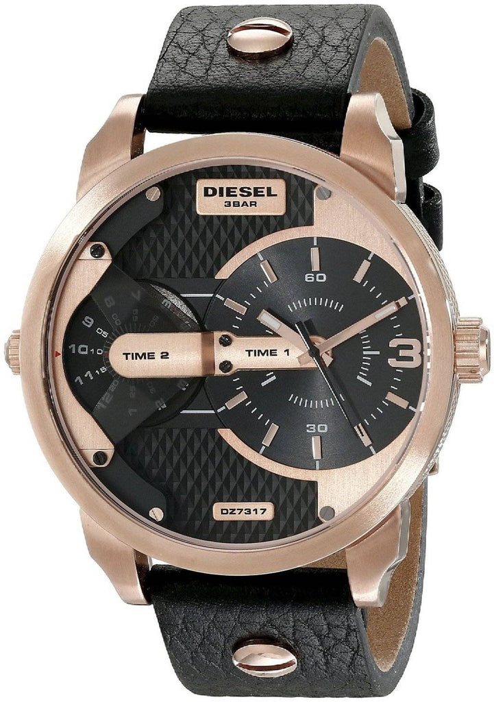Diesel Mini Daddy Dual Time Black & Gold Dial Black Leather Strap Watch For Men - DZ7317 Buy Now By Diesel