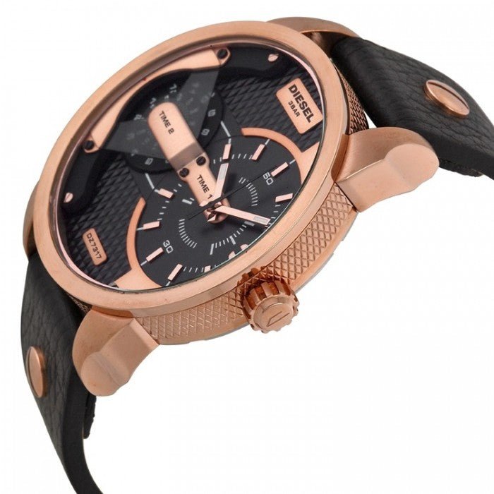 Diesel Mini Daddy Dual Time Black & Gold Dial Black Leather Strap Watch For Men - DZ7317 Buy Now By Diesel