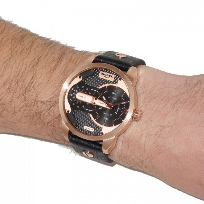 Diesel Mini Daddy Dual Time Black & Gold Dial Black Leather Strap Watch For Men - DZ7317 Buy Now By Diesel