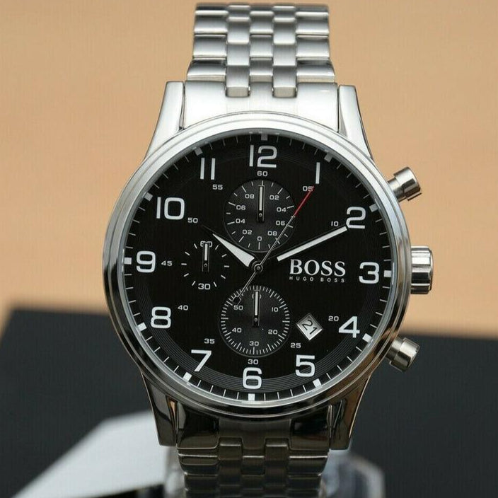 Hugo Boss Aeroliner Chronograph Black Dial Silver Steel Strap Watch For Men - 1512446 Buy Now By Hugo Boss