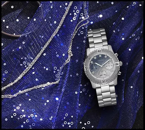 Guess Confetti Diamonds Blue Dial Silver Steel Strap Watch for Women - W0774L6 Buy Now By Guess