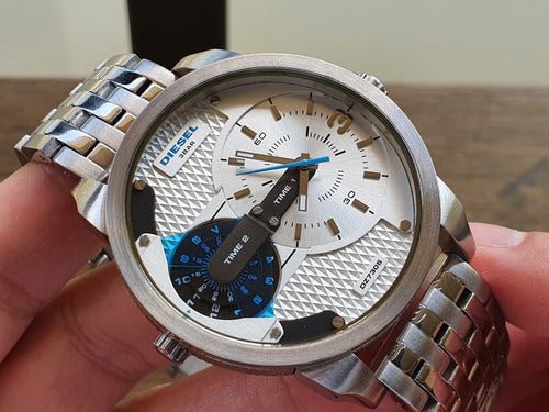 Diesel Mini Daddy Dual Time Silver Dial Stainless Steel Watch For Men - DZ7305 Buy Now By Diesel