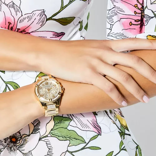 Guess Frontier Chronograph Crystals Gold Dial Two Tone Steel Strap Watch For Women - W1156L5 Buy Now By Guess