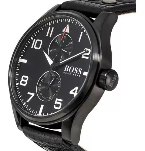 Hugo Boss Aeroliner Chronograph Black Dial Black Leather Strap Watch For Men - 1513086 Buy Now By Hugo Boss