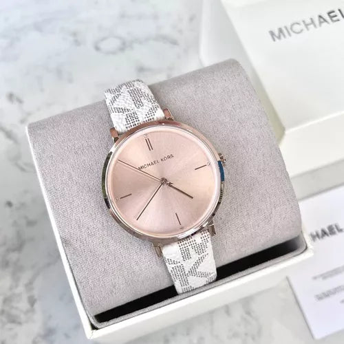 Michael Kors Jayne Three Hand Rose Gold Dial White Leather Strap Watch For Women - MK7128 Buy Now By Michael Kors