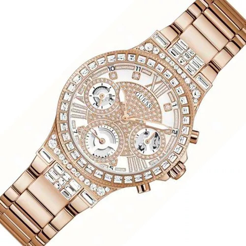 Guess Moonlight Multi Function Diamonds White Dial Rose Gold Steel Strap Watch for Women - GW0320L3 Buy Now By Guess