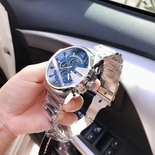 Diesel Mega Chief Chronograph Blue Dial Silver Steel Strap Watch For Men - DZ4417 Buy Now By Diesel