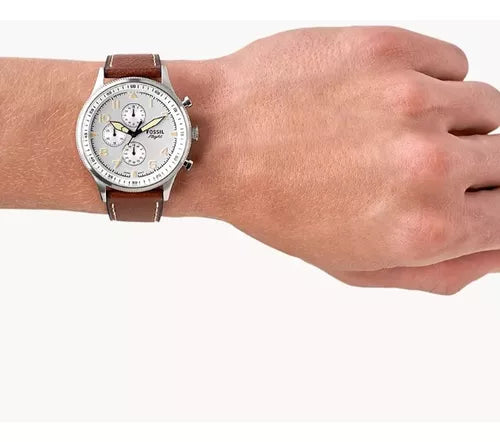 Fossil Retro Pilot Chronograph Silver Dial Brown Leather Strap Watch for Men - FS5809 Buy Now By Fossil