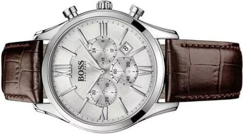 Hugo Boss Ambassador Chronograph Silver Dial Brown Leather Strap Watch For Men - HB1513195 Buy Now By Hugo Boss