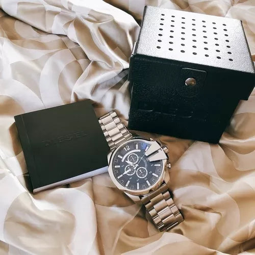 Diesel Mega Chief Chronograph Blue Dial Silver Steel Strap Watch For Men - DZ4417 Buy Now By Diesel