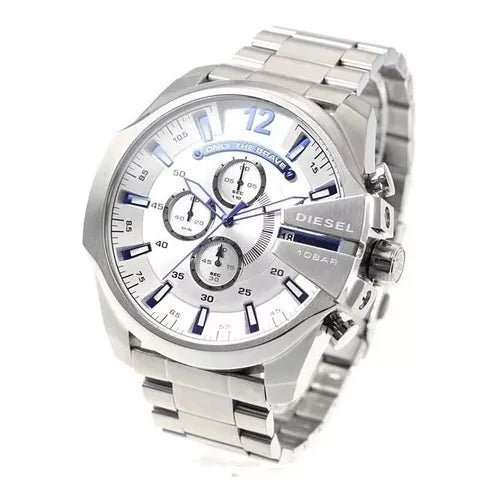 Diesel Mega Chief Chronograph White Dial Silver Steel Strap Watch For Men - DZ4477 Buy Now By Diesel
