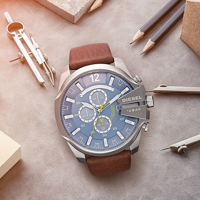 Diesel Mega Chief Chronograph Blue Dial Brown Leather Strap Watch For Men - DZ4281 Buy Now By Diesel