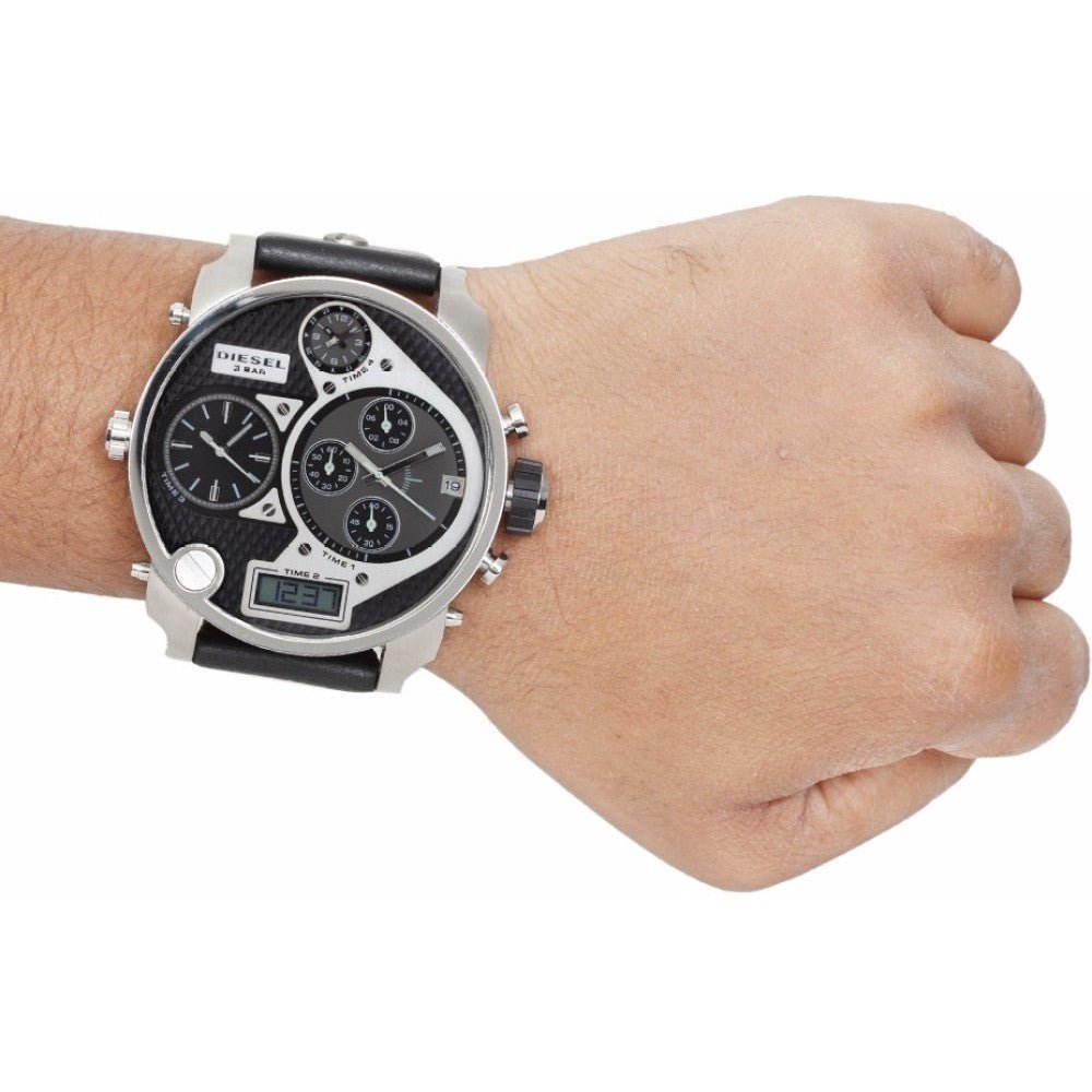 Diesel Mr Daddy Chronograph White Dial Black Leather Strap Watch For Men - DZ7125 Buy Now By Diesel