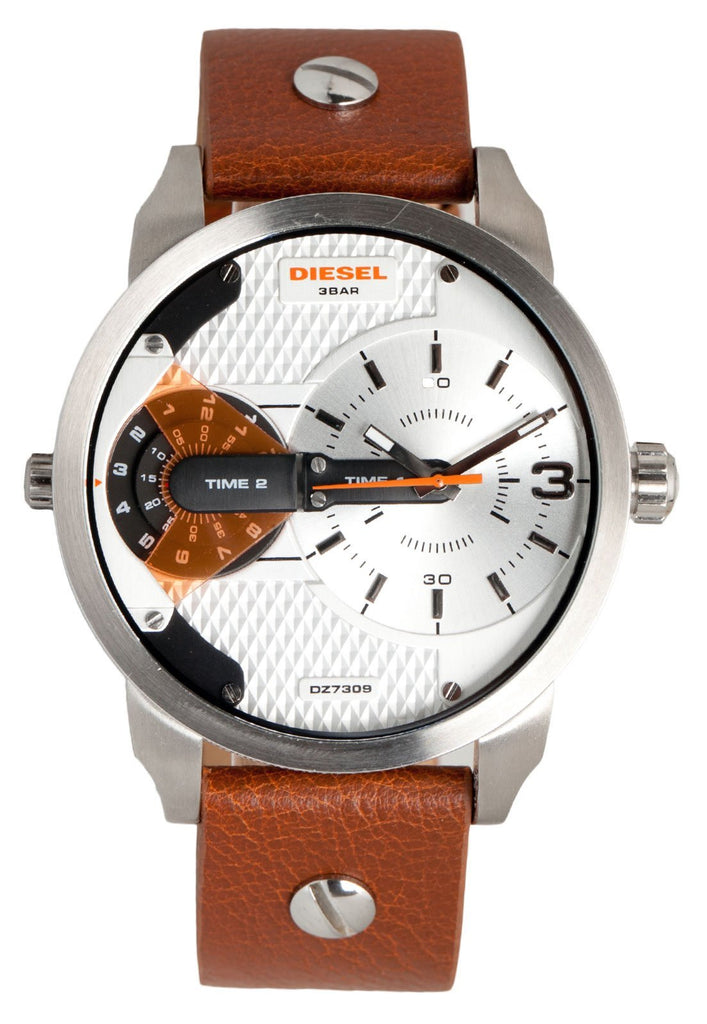 Diesel Mini Daddy Silver Dial Brown Leather Strap Watch For Men - DZ7309 Buy Now By Diesel