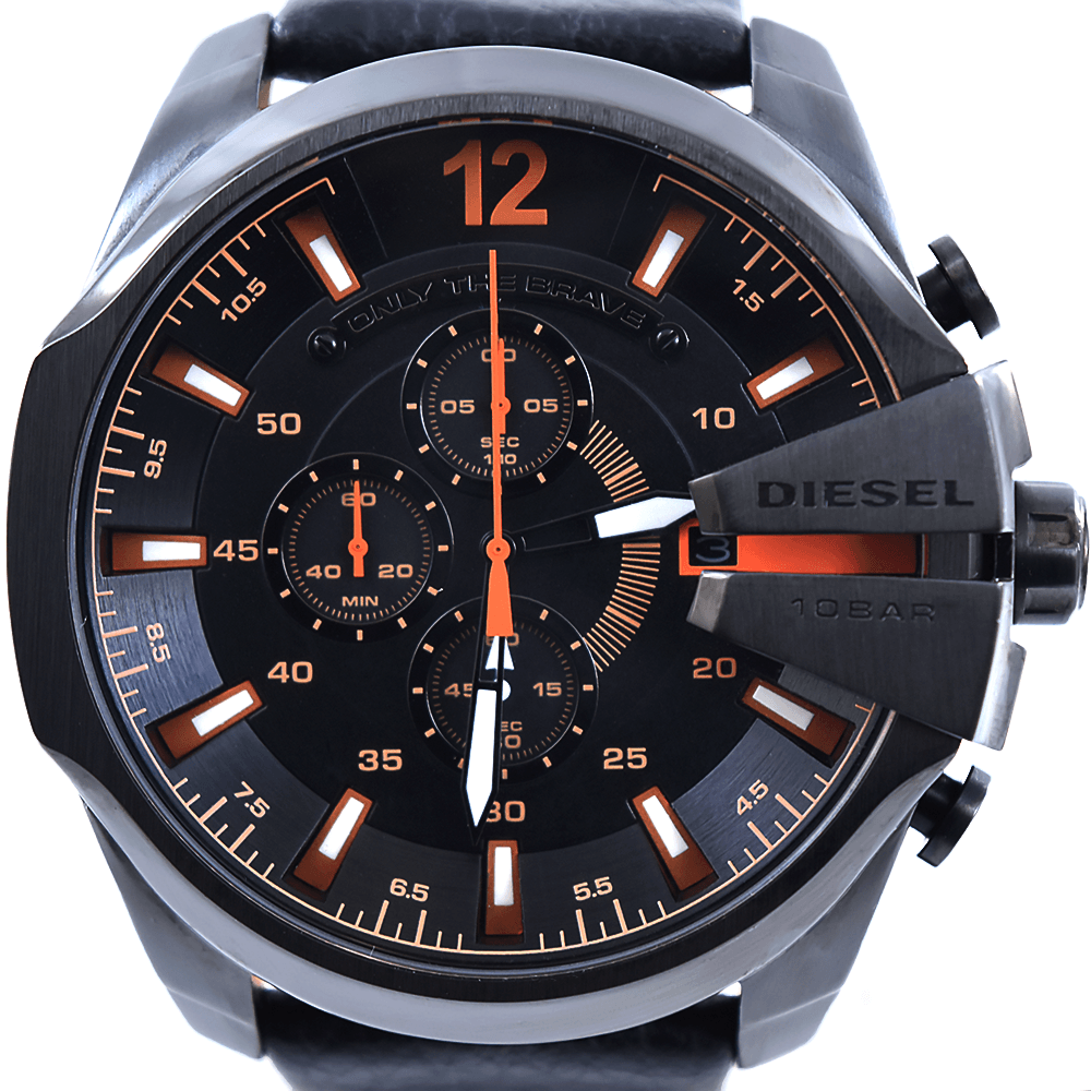 Diesel Mega Chief Chronograph Black Dial Black Leather Strap Watch For Men - DZ4291 Buy Now By Diesel