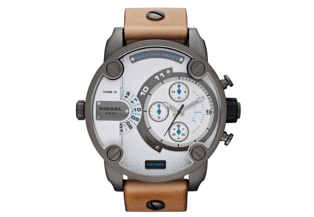 Diesel SBA Dual Time Chronograph White Dial Brown Leather Strap Watch For Men - DZ7269 Buy Now By Diesel
