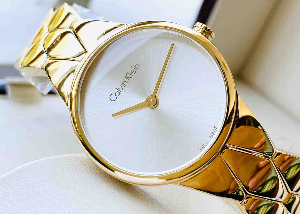 Calvin Klein Snake Silver Dial Yellow Gold Steel Strap Watch For Women - K6E23546