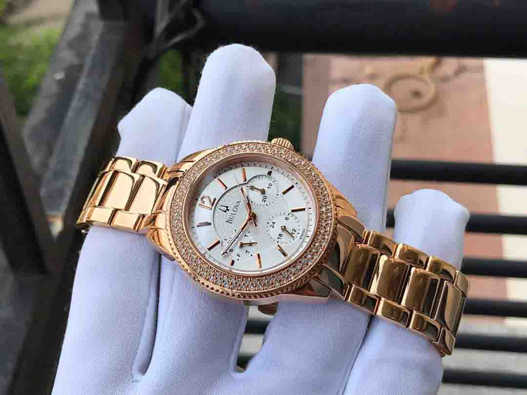 Bulova Crystal Silver Dial Rose Gold Steel Strap Watch for Women - 97N101 Buy Now By Bulova