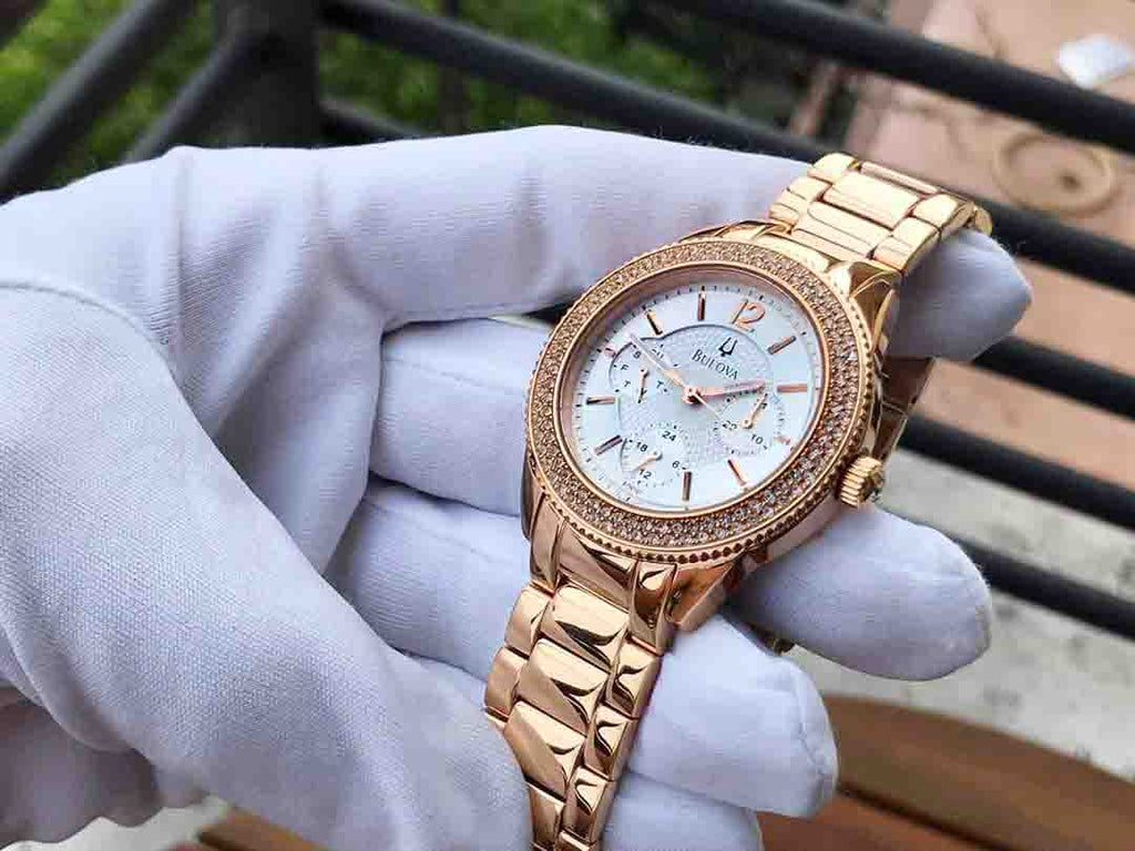 Bulova Crystal Silver Dial Rose Gold Steel Strap Watch for Women - 97N101 Buy Now By Bulova