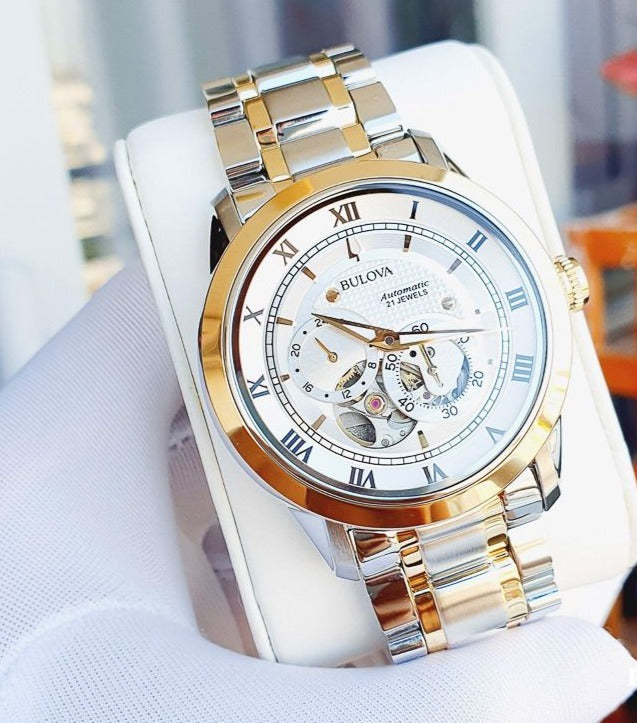 Bulova BVA Skeleton Silver Dial Two Tone Steel Strap Watch for Men - 98A230 Buy Now By Bulova