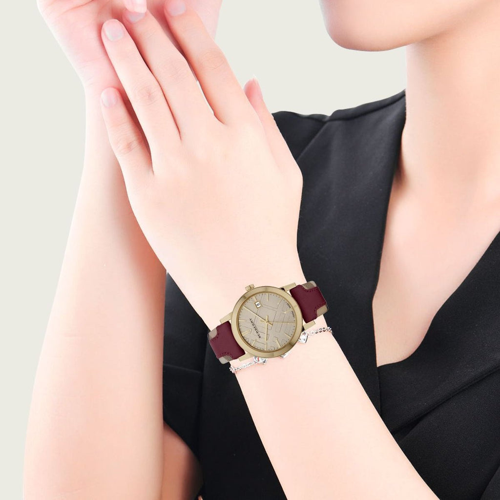 Burberry Heritage Nova Gold Dial Haymarket Red Leather Strap Watch for Women - BU9111 Buy Now By Burberry
