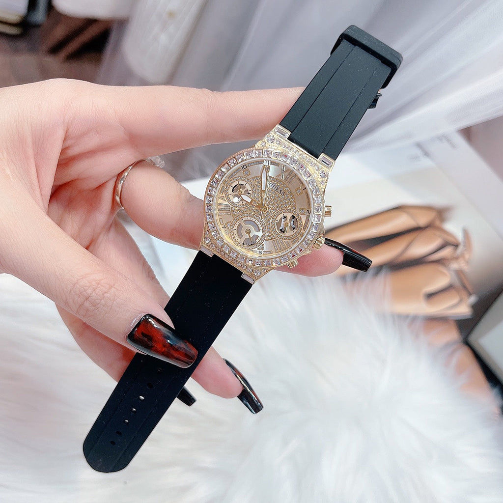 Guess Moonlight Crystals Silver Dial Black Silicone Strap Watch For Women - GW0257L1 Buy Now By Guess