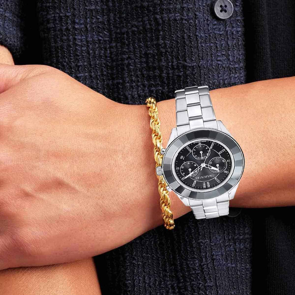 Swarovski Octea Lux Sport Chronograph Black Dial Silver Steel Strap Watch for Women - 5610520 Buy Now By Swarovski