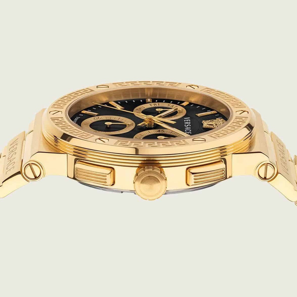 Versace Greca Chronograph Black Dial Gold Steel Strap Watch For Men - VEZ900421 Buy Now By Versace