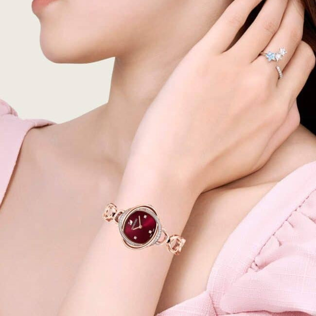 Swarovski Crystal Flower Red Dial Rose Gold Steel Strap Watch for Women - 5552783 Buy Now By Swarovski