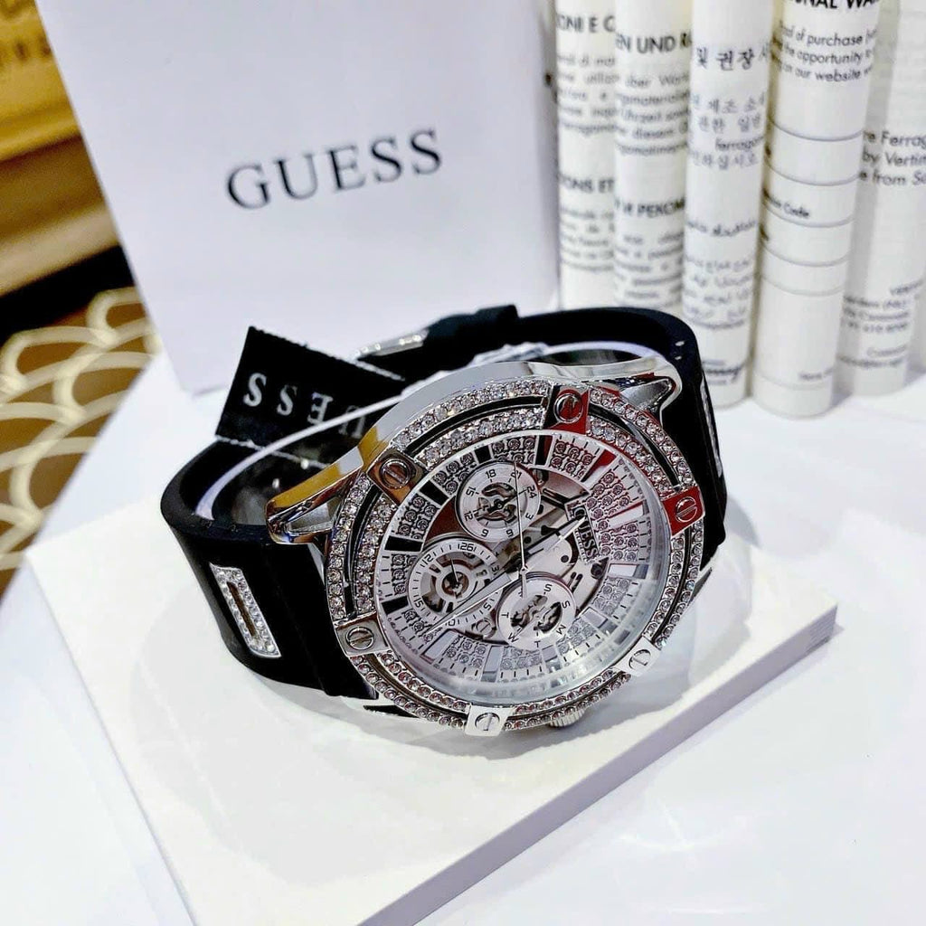 Guess King Quartz Crystals Silver Dial Black Silicone Strap Watch For Men - GW0537G1 Buy Now By Guess