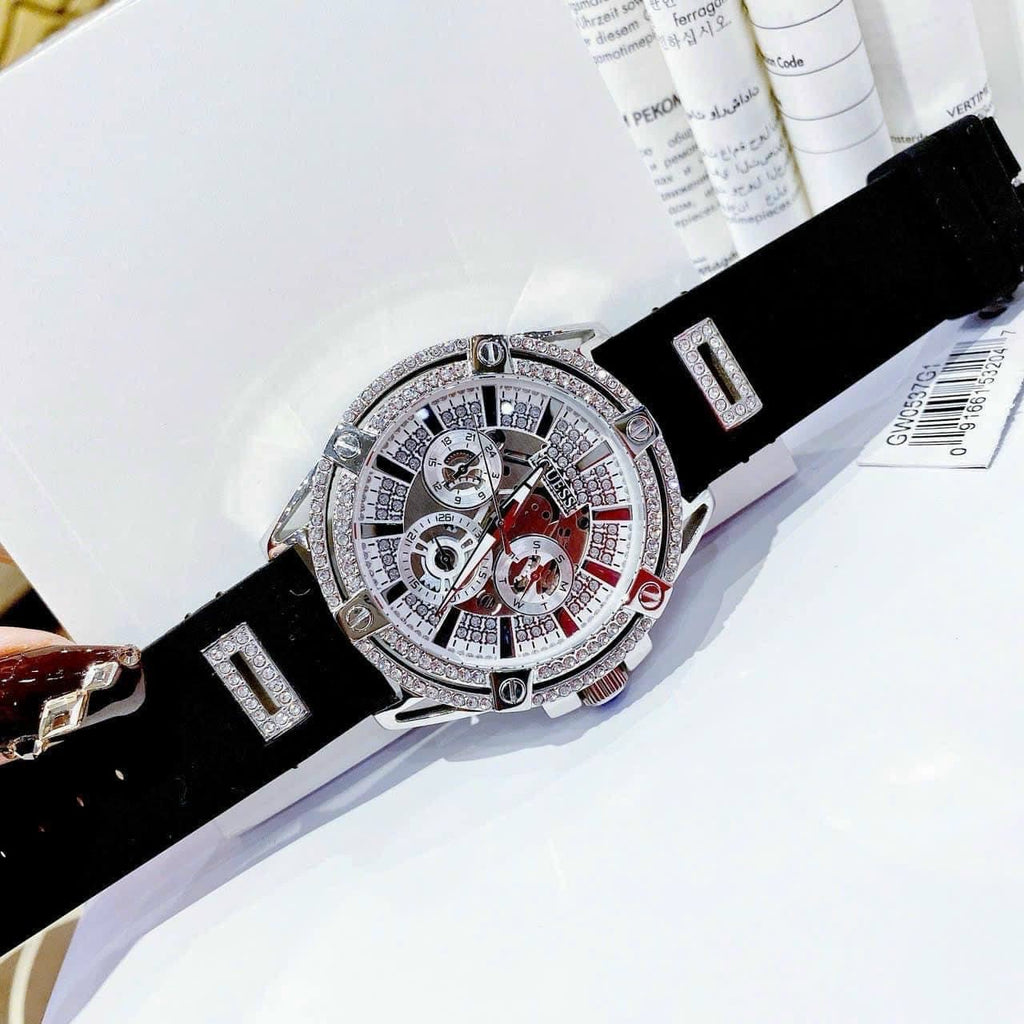Guess King Quartz Crystals Silver Dial Black Silicone Strap Watch For Men - GW0537G1 Buy Now By Guess