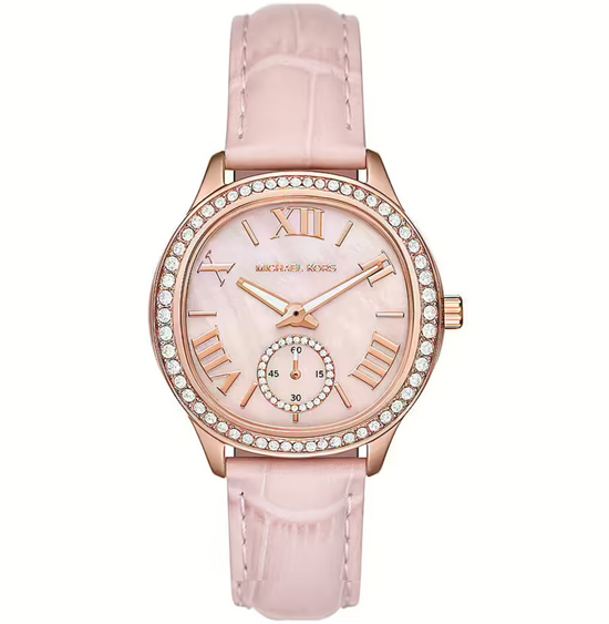 Michael Kors Sage Three-Hand Mother of Pearl Pink Dial Pink Leather Strap Watch for Women - MK4820 Buy Now By Michael Kors