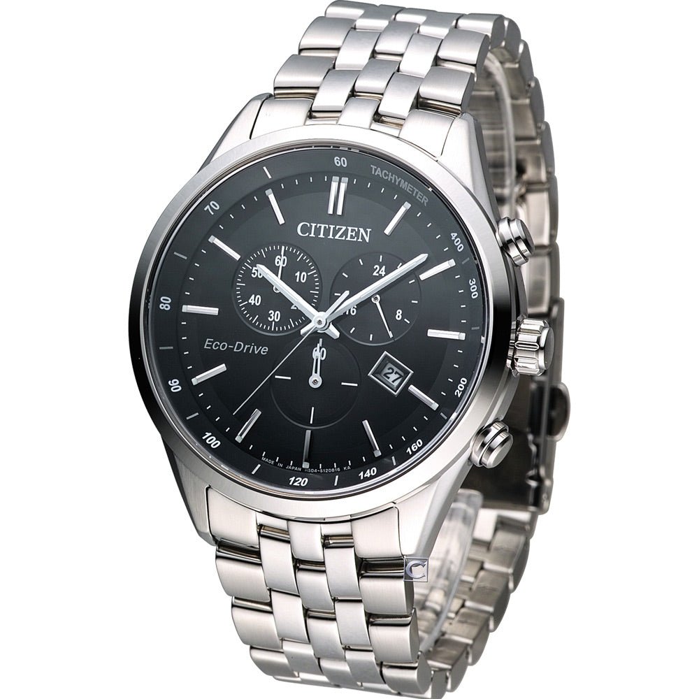Citizen Eco Drive Chronograph Black Dial Silver Steel Strap Watch For Men - AT2140-55E Buy Now By Citizen