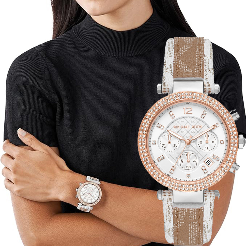 Michael Kors Parker Chronograph White Dial Two Tone Leather Strap Watch For Women - MK6950 Buy Now By Michael Kors