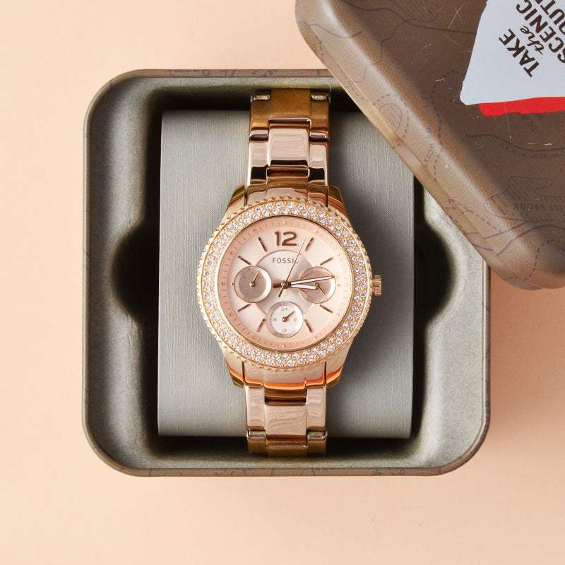 Fossil Stella Rose Gold Dial Rose Gold Steel Strap Watch for Women - ES3590 Buy Now By Fossil