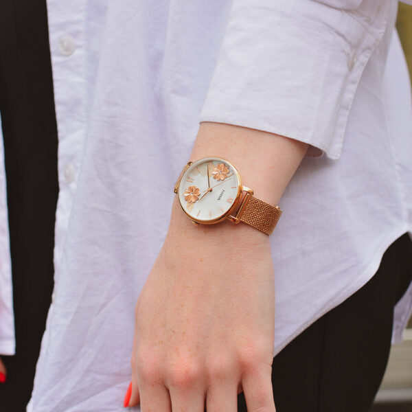 Fossil Jacqueline Three-Hand White Dial Rose Gold Mesh Bracelet Watch for Women - ES4534 Buy Now By Fossil