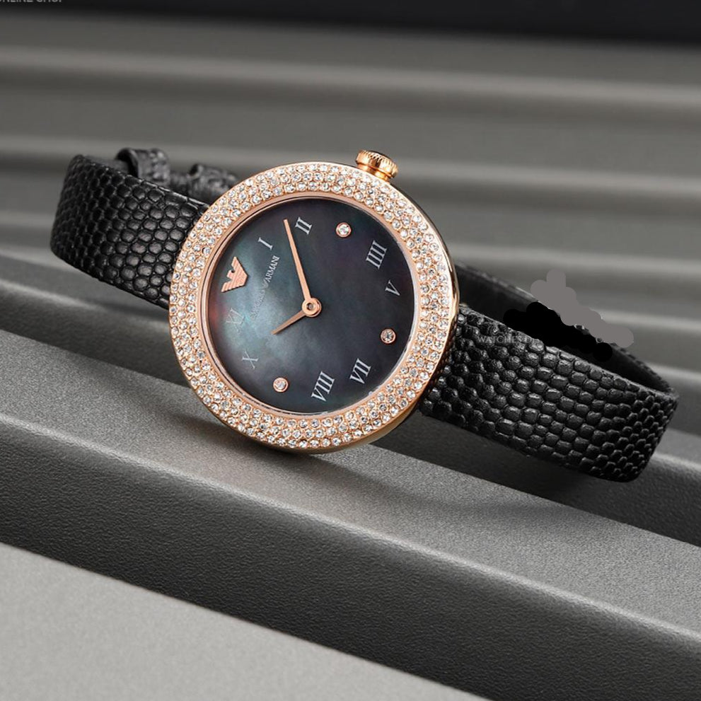 Emporio Armani Aviator Crystals Mother of Pearl Black Dial Black Silicon Strap Watch For Women - AR11373 Buy Now By Emporio Armani