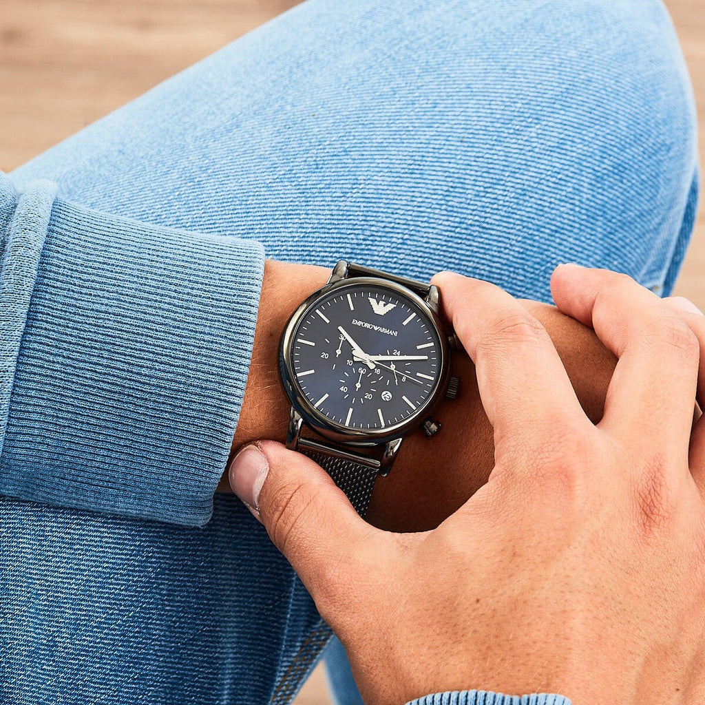 Emporio Armani Chronograph Blue Dial Gun Metallic Mesh Bracelet Watch For Men - AR1979 Buy Now By Emporio Armani