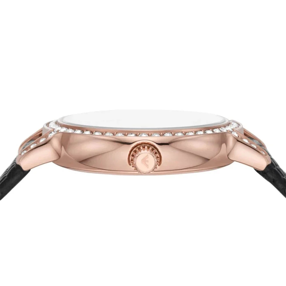 Emporio Armani Cleo Three-Hand Mother of Pearl Dial Black Leather Strap Watch For Women - AR11485 Buy Now By Emporio Armani