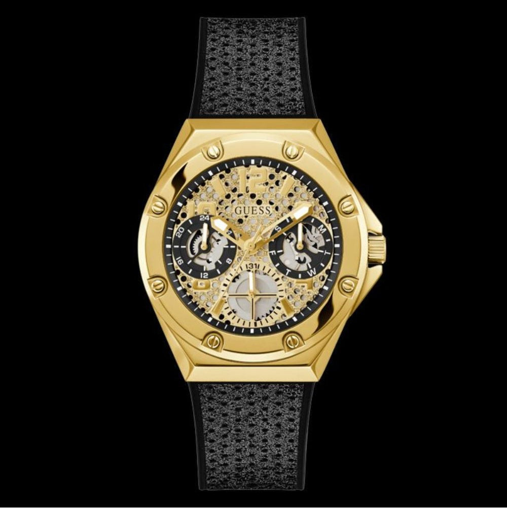 Guess Asteria Multifunction Gold Dial Black Rubber Strap Watch For Women - GW0620L2 Buy Now By Guess