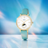 Fossil Jacqueline Analog Moonphase Mother of Pearl White Dial Green Leather Strap Watch for Women - ES5168 Buy Now By Fossil