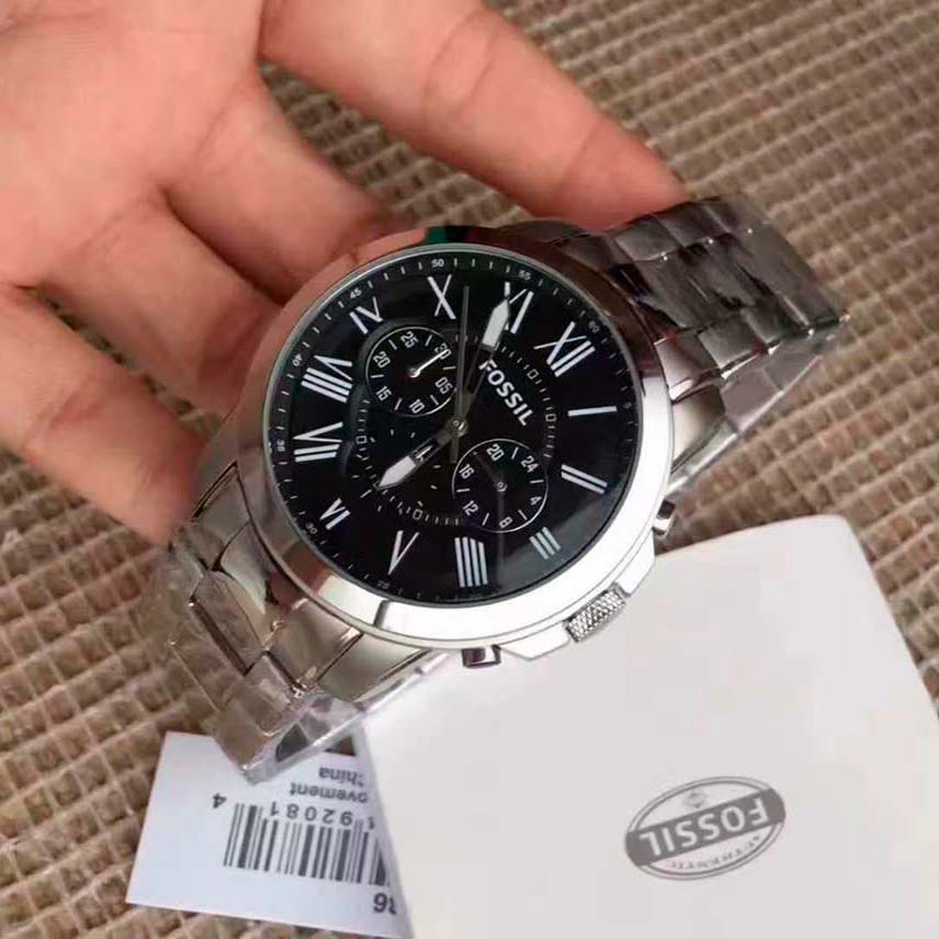 Fossil Grant Chronograph Black Dial Silver Steel Strap Watch for Men - FS4736