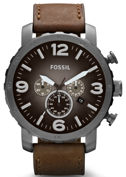 Fossil Nate Chronograph Grey Dial Brown Leather Strap Watch for Men - JR1424 Buy Now By Fossil