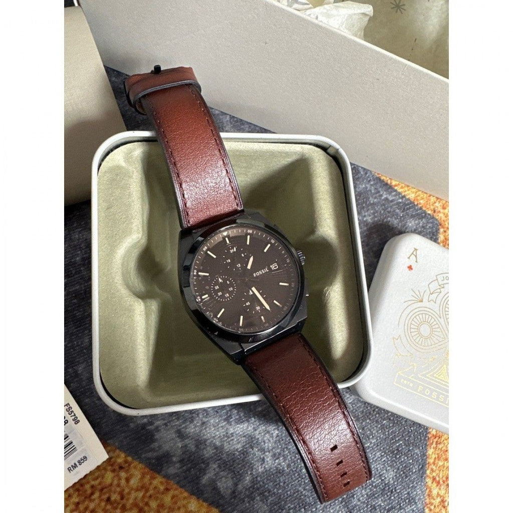 Fossil Everett Chronograph Black Dial Brown Leather Strap Watch for Men - FS5798 Buy Now By Fossil