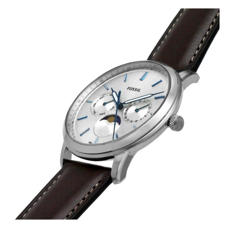 Fossil Neutra Minimalist Moonphase Silver Dial Brown Leather Strap Watch for Men - FS5905 Buy Now By Fossil