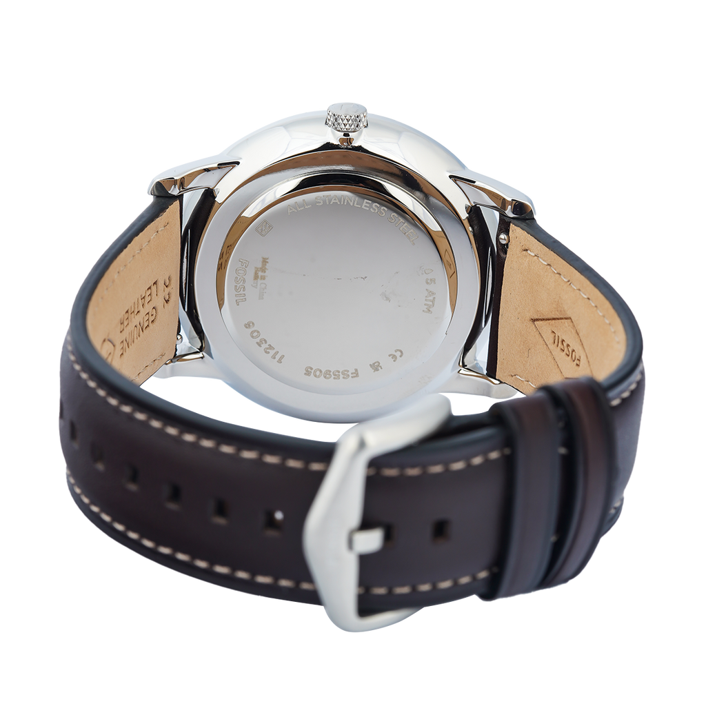Fossil Neutra Minimalist Moonphase Silver Dial Brown Leather Strap Watch for Men - FS5905 Buy Now By Fossil