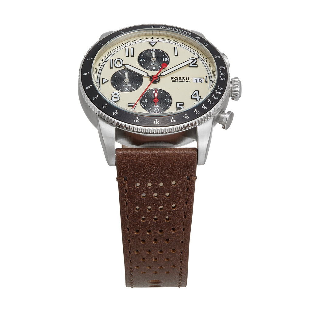 Fossil Sport Tourer Chronograph White Dial Brown Leather Strap Watch for Men - FS6042 Buy Now By Fossil