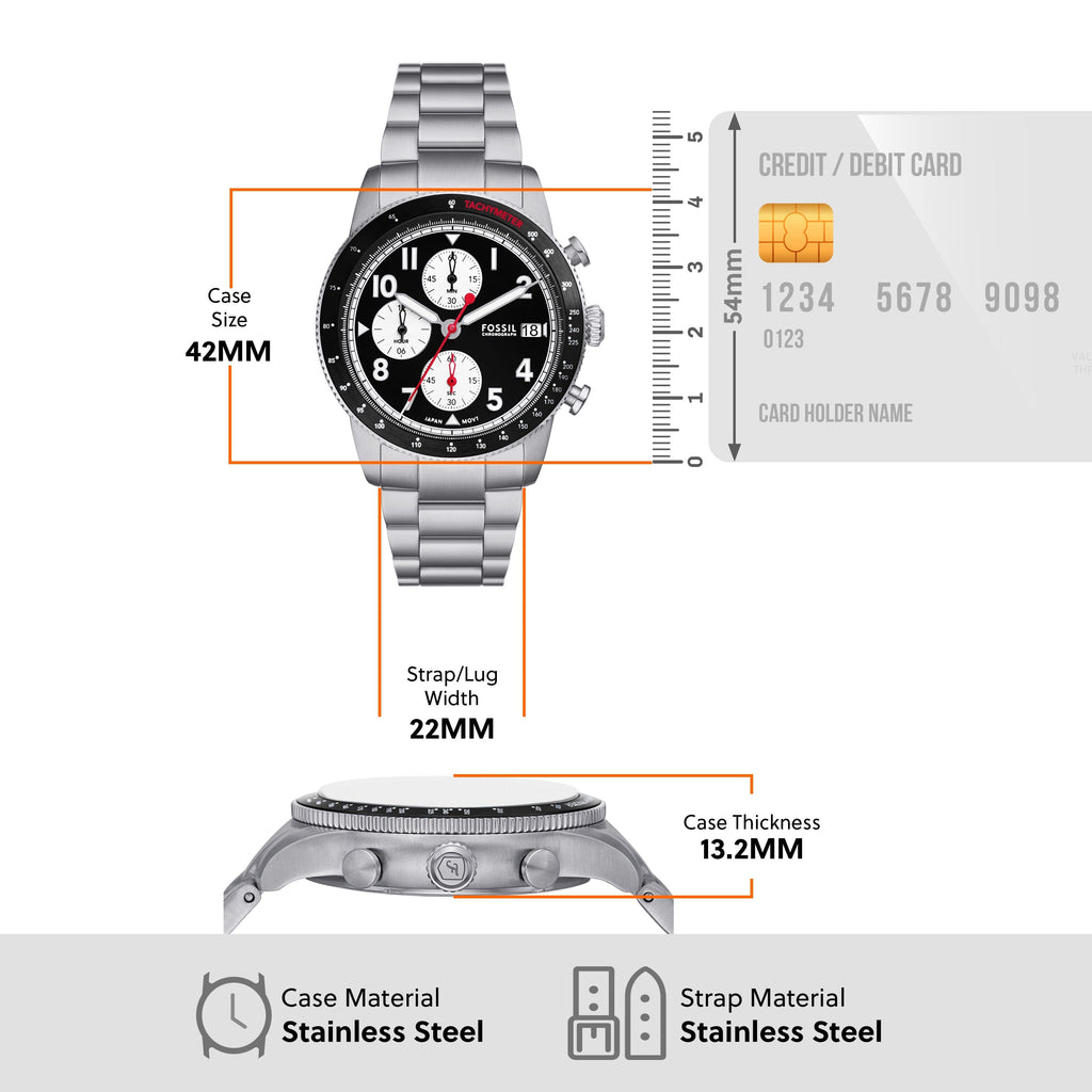 Fossil Sport Tourer Chronograph Black Dial Silver Steel Strap Watch for Men - FS6045 Buy Now By Fossil