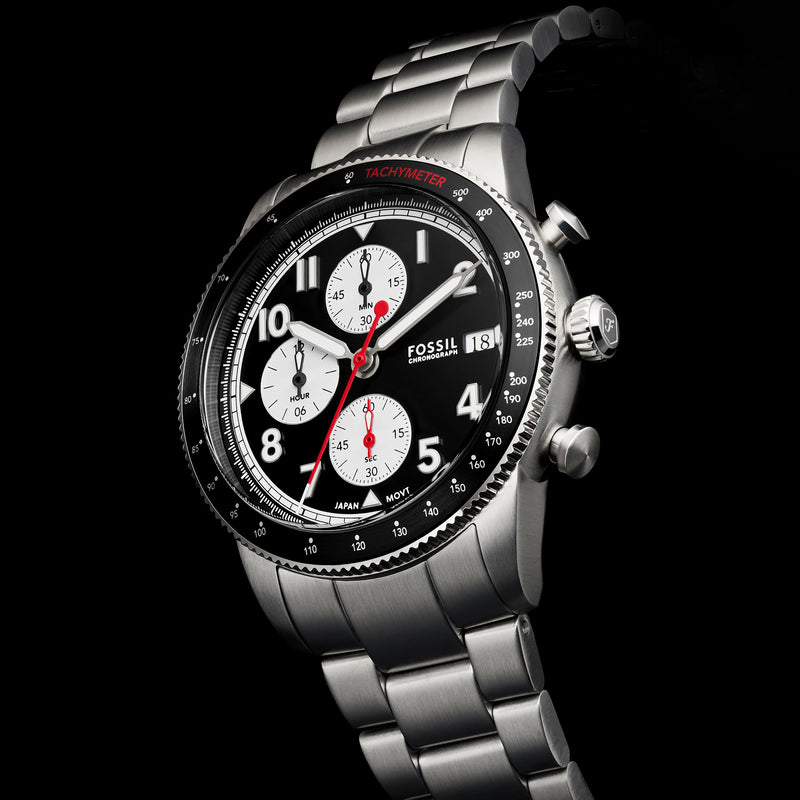 Fossil Sport Tourer Chronograph Black Dial Silver Steel Strap Watch for Men - FS6045 Buy Now By Fossil