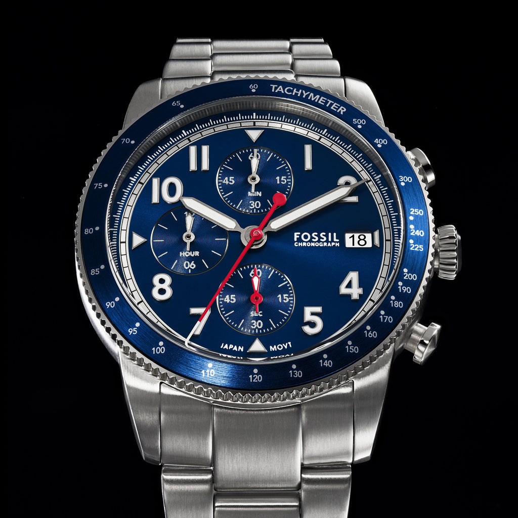 Fossil Sport Tourer Chronograph Blue Dial Silver Steel Strap Watch for Men - FS6047 Buy Now By Fossil